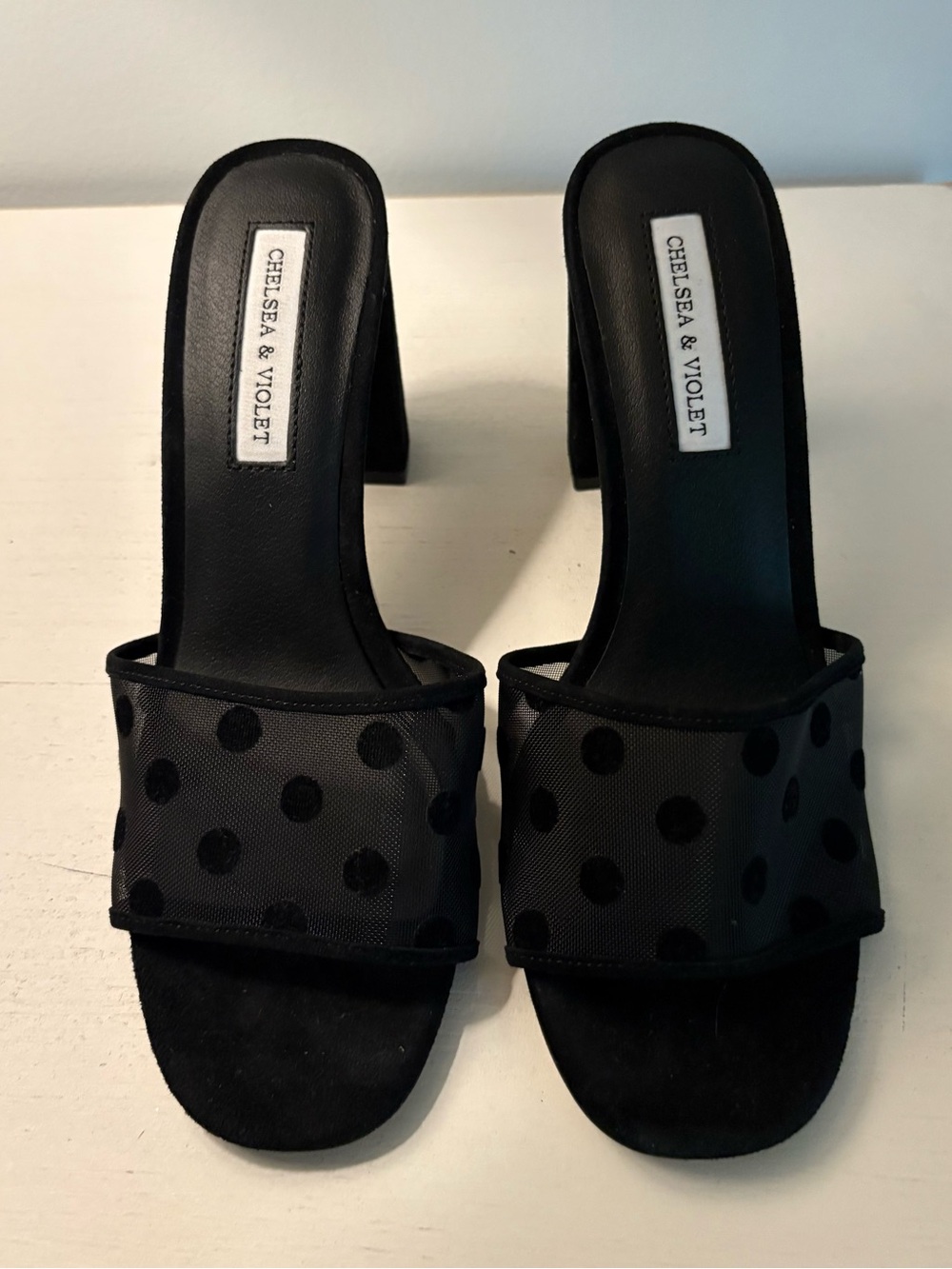 Chelsea & Violet Black Polka Dot Mesh Slide Mules Open Toe Slip On